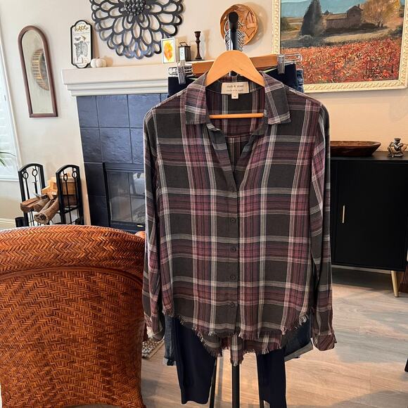 Anthropologie Cloth & Stone Top Womens Size Medium Gray & Pink Plaid Flannel - Picture 16 of 16